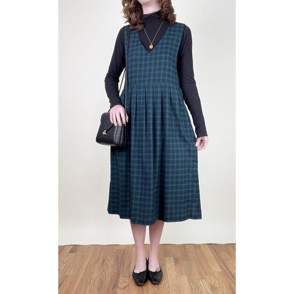 Vintage Plaid Pinafore Midi Dress Fall Winter Preppy Cottage Cabincore 80s 90s - Picture 9 of 10